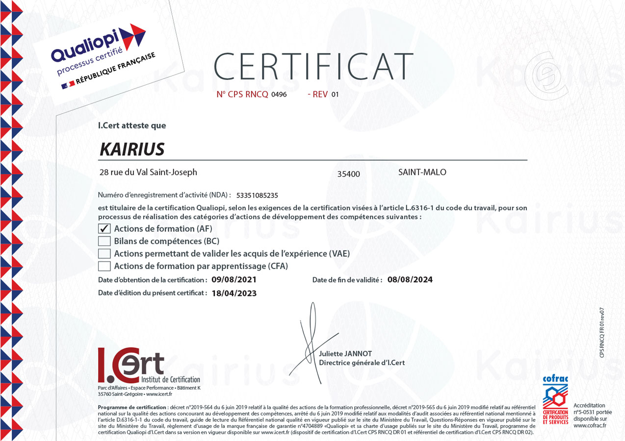 Certificat Qualiopi KAIRIUS CPS RNCQ 0496 REV 01 | 18-04-2023